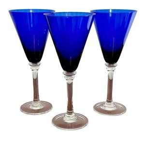 3 Eastern Handmade Cobalt Blue Ribbed Champagne Wine Glasses Stemware 9.5 Inch